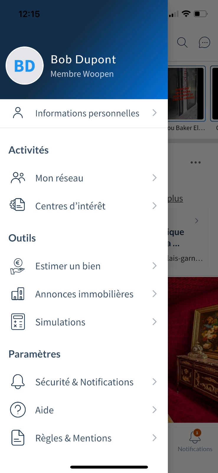 capture d'écran du menu de l'application Woopen