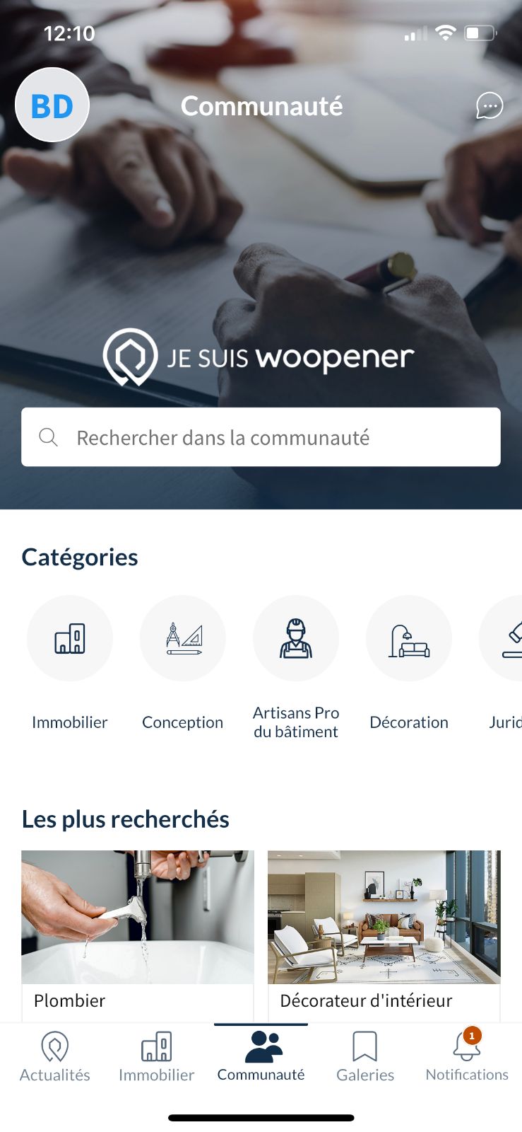 capture d'écran de la page d'accueil de recherche dans la communauté de l'application Woopen